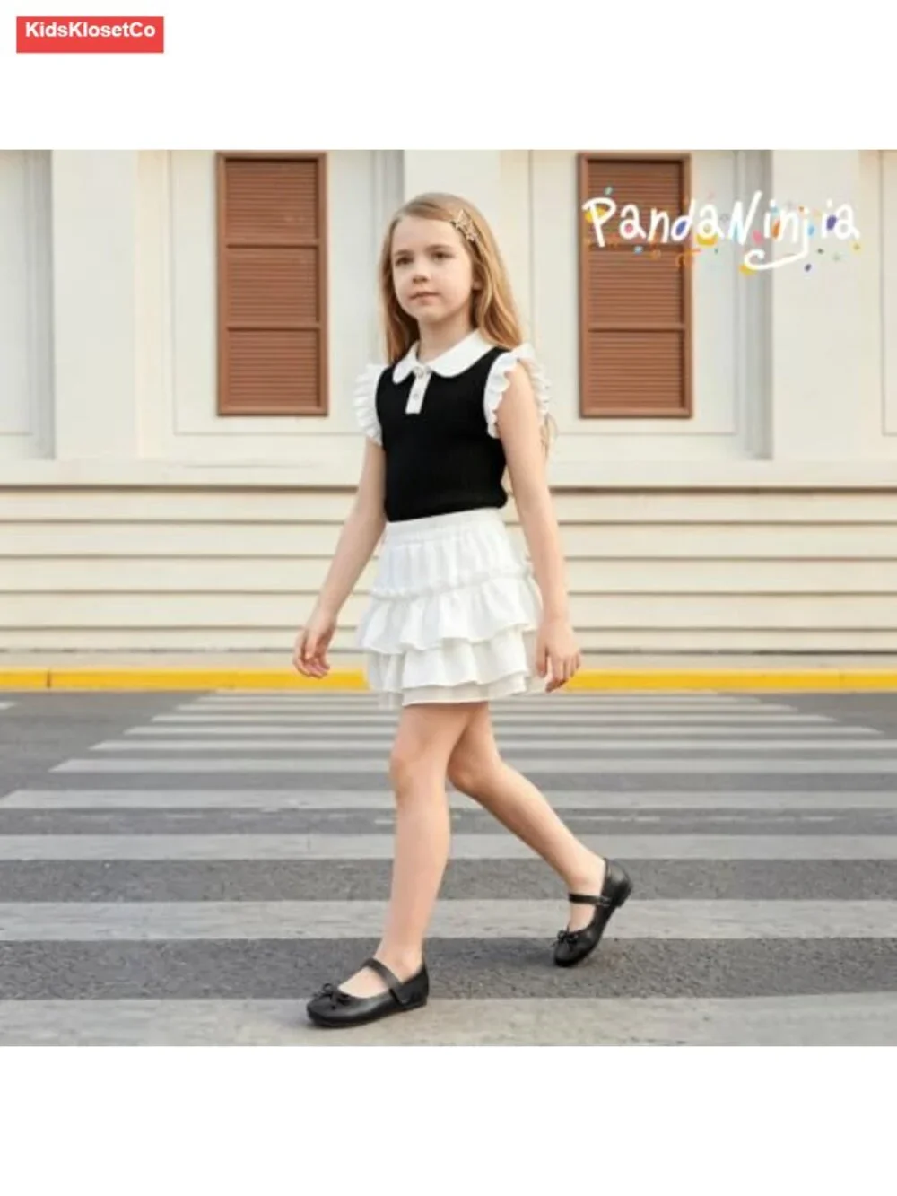 Girls Mary Jane Ballet Flats with Square Toe, Hook & Loop, Non-Slip Sole